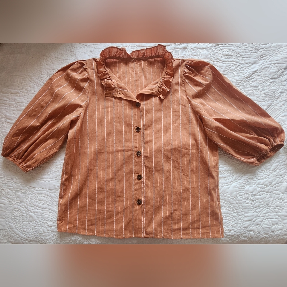 Dazy Stripped Ruffle Neck Lantern Sleeve Blouse